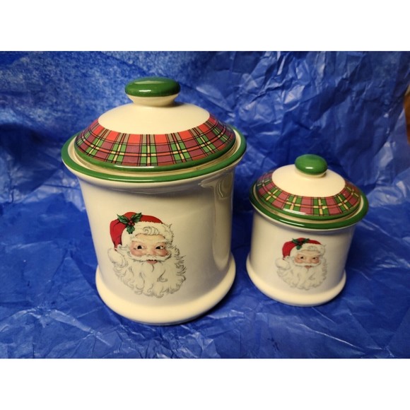 Cracker Barrel "Christmas in The Woods" Set of 2 Canisters/Jars Ivory Santa - Picture 2 of 4